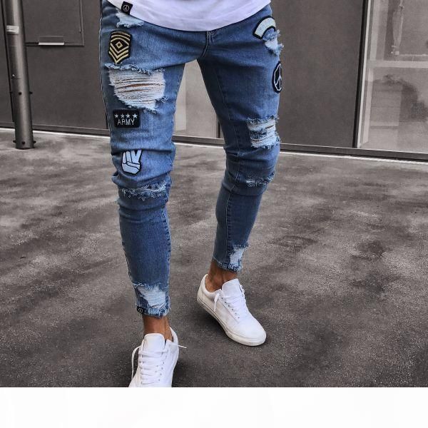 

mens skinny jeans casual slim biker jeans denim knee hole hiphop ripped pants washed fashion 8jim, Blue