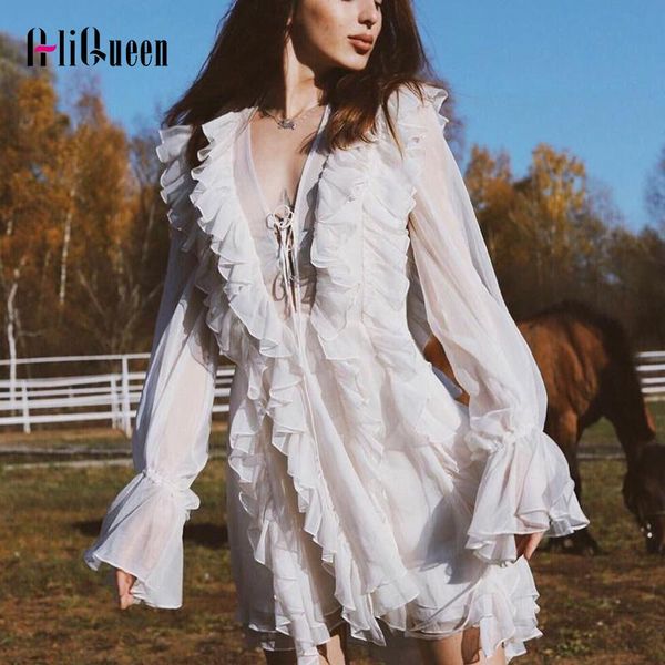 

runway women flare long sleeve ruffles dresses elegant perspective lace up mini dresses female white party dress vestidos, Black;gray