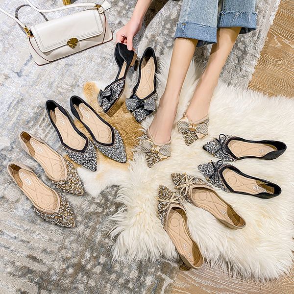 

2021 pointed single-shoe female spring new net shallow mouth drill smooth soles women's shoes 8z7t, Black
