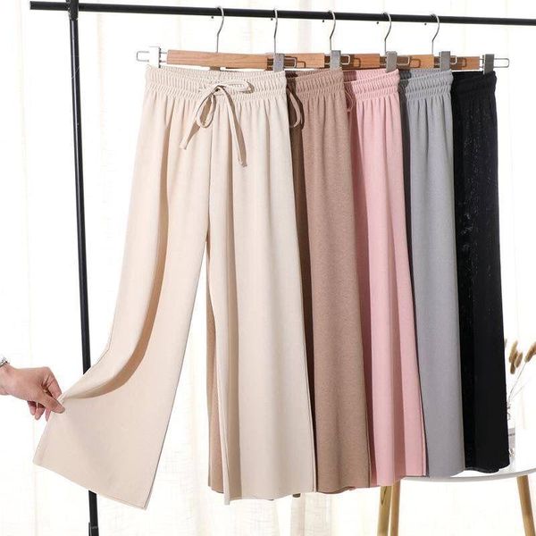 

women 2020 spring autumn ice silk solid color wide leg pants female casual nine points high waist drape straight trousers y351, Black;white