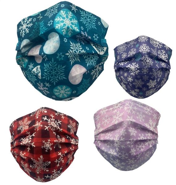 

2021 american and european fashion snowflakes style printed face masks for adults 3-ply non woven anti dust windproof face mouth masks