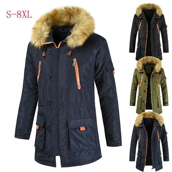 

men cotton-padded jacket coat plus velvet thick warm fur collar mid-length1, Black