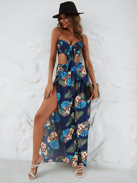 

tie front tropical print tube & pants set l7va#, White