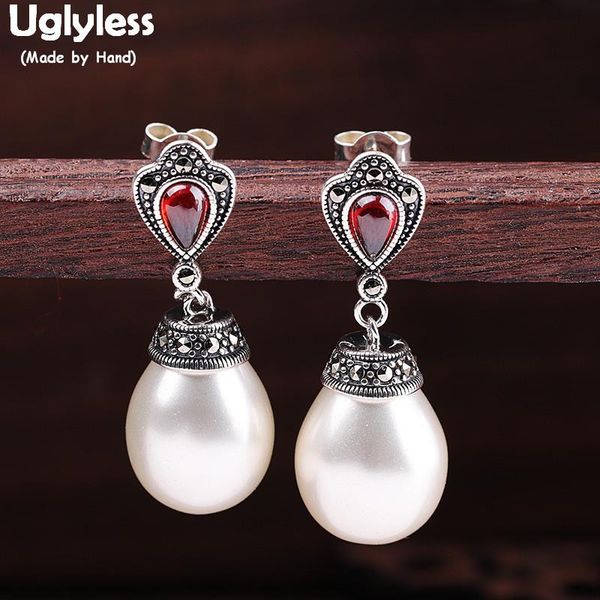 

uglyless natural water drop pearls earrings for women vintage thai silver garnet earrings real 925 silver brincos jewelry e1902