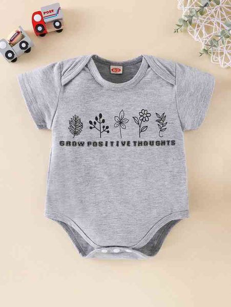 

baby slogan & plant print bodysuit she, Blue