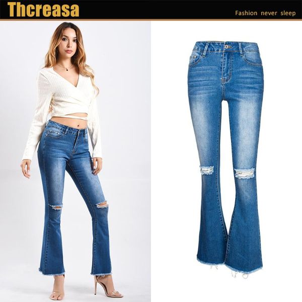 

women's jeans wide leg pants denim bell-bottom pierced flash trousers, Blue