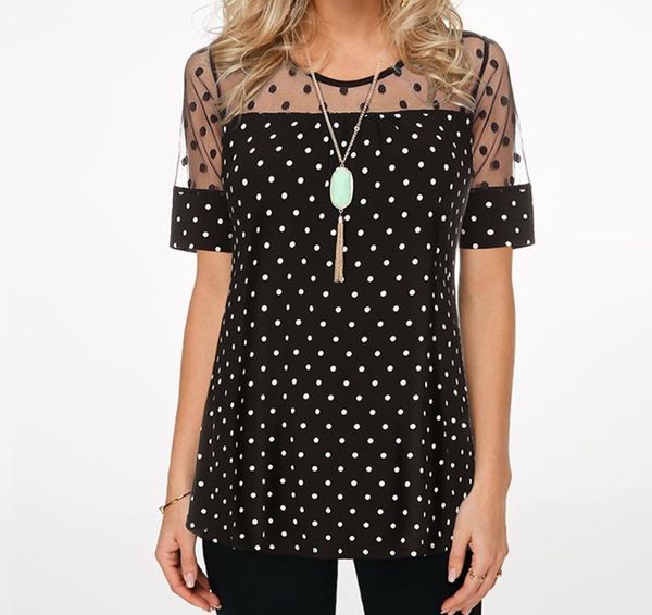

2020 blouse new plus size 5xl polka dot tee shirt women round neck splice short sleeve summer casual loose female shirt, White
