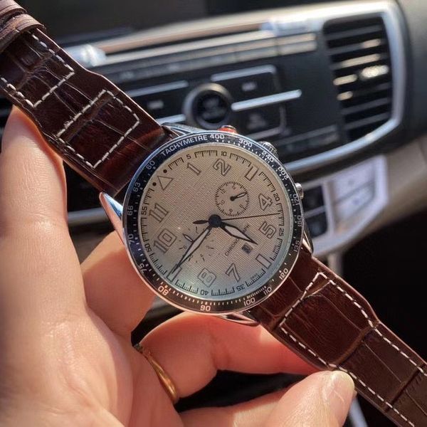

all sub-dials work luxury mens watches brand chronograph sport wristwatches satch 42mm dial leather strap man watch for men christmas gift m, Slivery;brown