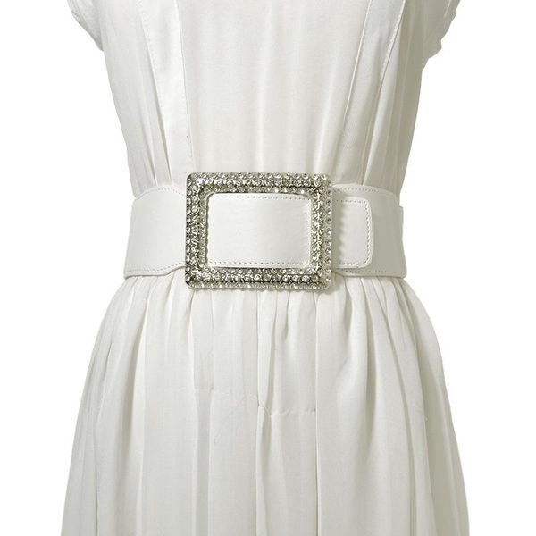 

2020 fashion new metal big buckle rhinestone mosaic pu leather exceed width belt woman retro all-match solid black belt women, Black;brown