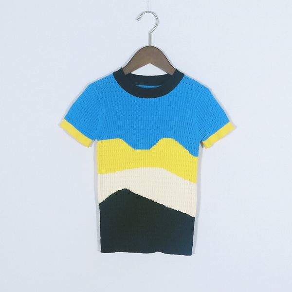 

black blue yellow white 4 colors rainbow waves knit short sleeve summer t-shirt for kids boys girls y200704