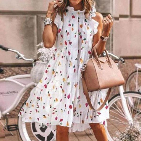 

elegant women dots print party dress summer sleeveless o neck beach dresses ladies ruffles loose mini dresses vestidos, Black;gray