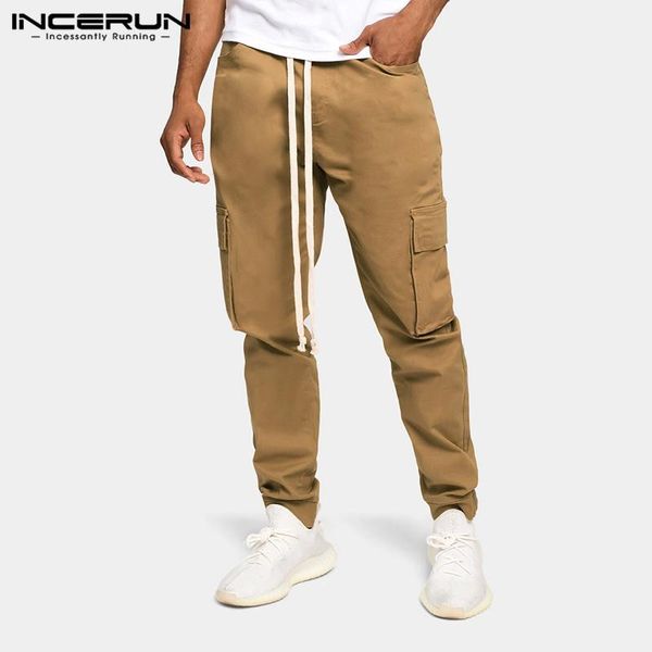 

incerun man loose jogger bottoms mens solid color cargo pants leisure multi pockets trousers casual drowstring pantalones s-5xl, Black