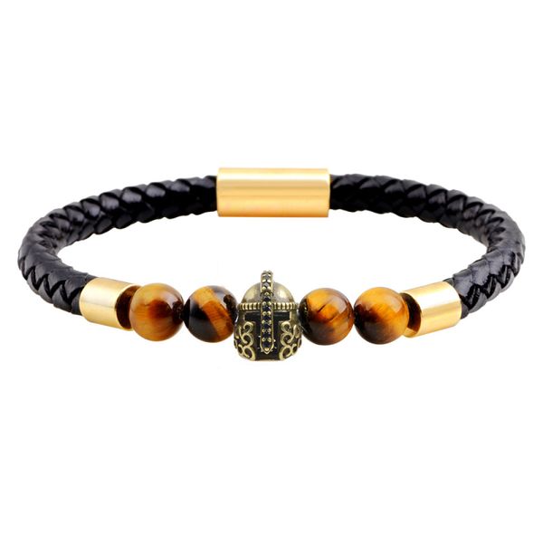 Krieger Helm Charme echtes Leder Armband Achat Tigerauge Perlen Armbänder männlichen Schmuck