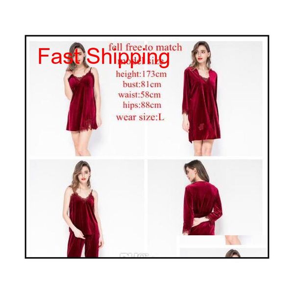 

2019 gold velvet 4 pieces warm winter pajamas sets women lace bath robe pajamas sleepwear kit s jlleyd yummy_shop