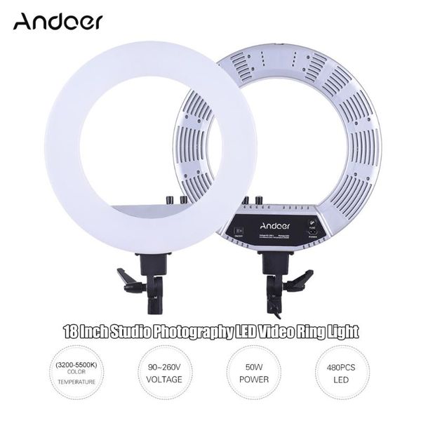 

andoer 18 inch led video ring light fill-in lamp studio pgraphy lighting adjustable brightness 3200k-5500k color temperature