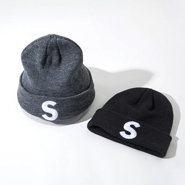 

embroidery letters knitted cap autumn winter women warm beanie men solid color street hip hop hat, Blue;gray