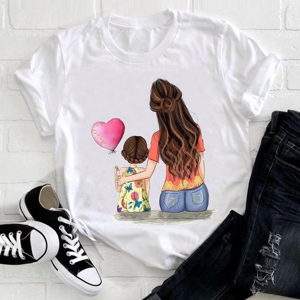 

women cartoon love happy sweet girl daughter mom mama mother clothes print tee tshirt female ladies graphic t-shirt, White
