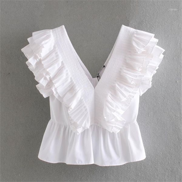 

women's blouses & shirts 2021 spring women's white court wind sleeveless v-neck small pleated laminated frilled poplin shirt1