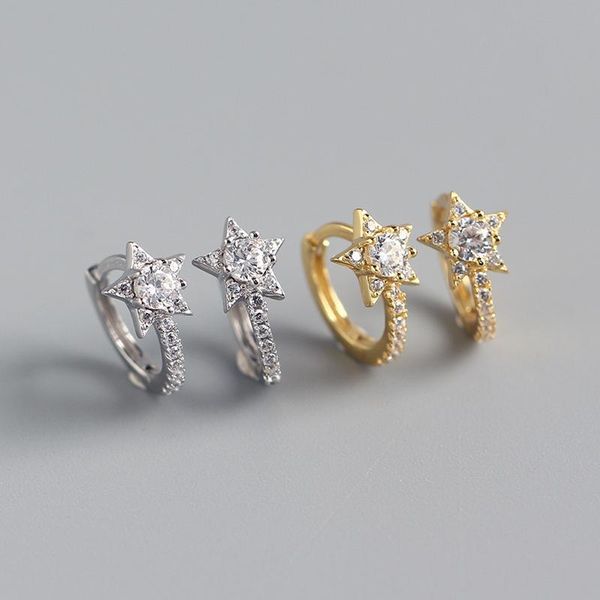 

hoop & huggie real 925 sterling silver zircon star earrings for fashion women ins fine jewelry 18k gold bohemian minimalist accessories, Golden;silver