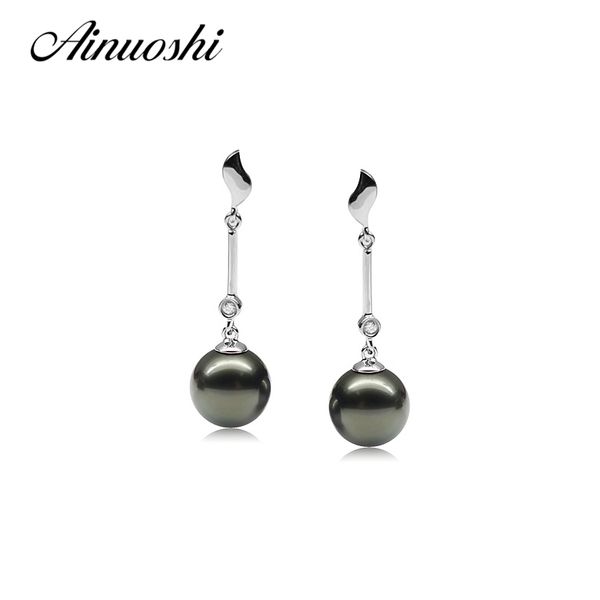 AINUOSHI 925 feuilles en argent sterling en forme de perle boucle d'oreille 9.5-10mm naturel perles noires de Tahiti ronde perle goutte boucle d'oreille bijoux Y200107