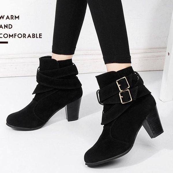 

двойной пряжка толстые высокие каблуки обувь женщина замши faux ковбойские сапоги большого размера 35-42 dropshipping зима женщины урожай бо, Black