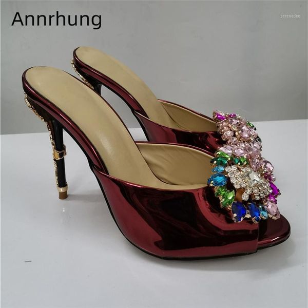 

new design 2020 crystal flower runway mules colorful metal decor thin high heels open toe rhinestone summer slippers women1, Black