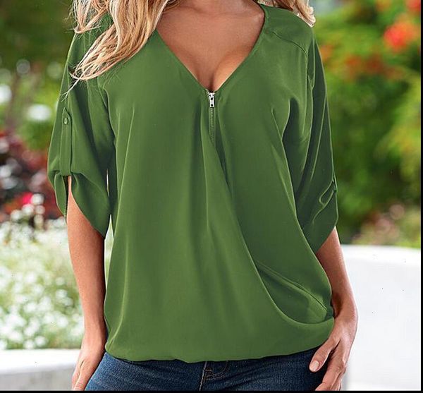 

s 5xl blouses loose shirt white,red,black,blue women see through chiffon shirts v neck half casual blouse plus size