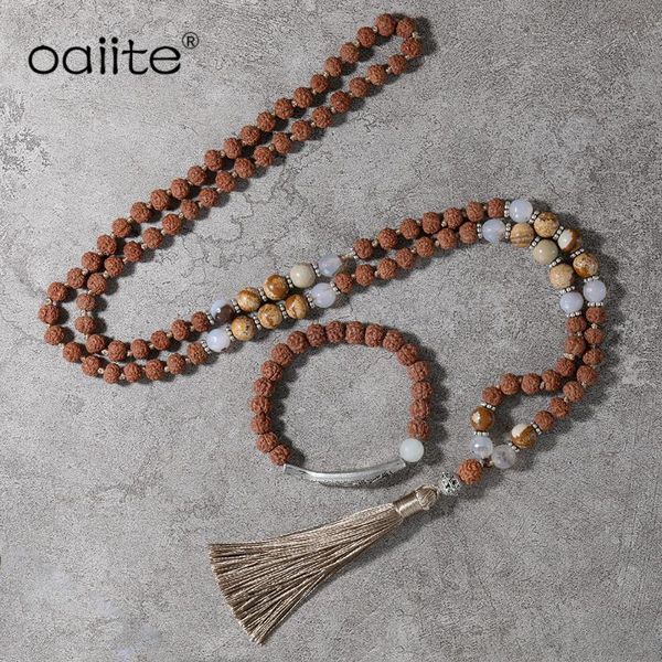 

Rudraksha And Picture Stone Beads Necklace,Peaceful Heart Calming JaPaMala, 108 Mala Jewelry, Rudraksha Beads Bracelet Women, Silver