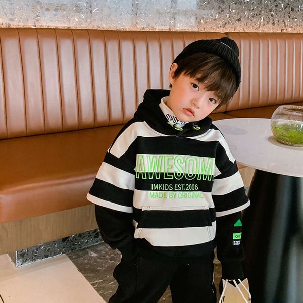 

plush boys' pure cotton im children's striped hoodie, Black