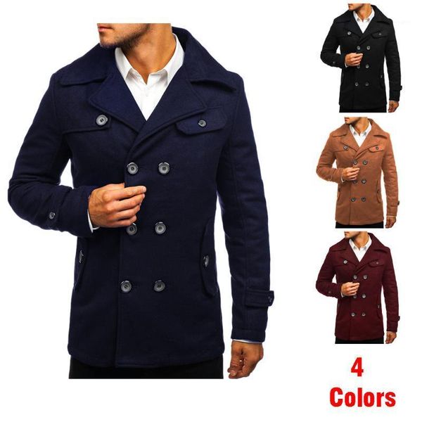 

men's double breasted woolen coat for youth solid color mid-length trend slim type trench coat with waistband pocket1, Black