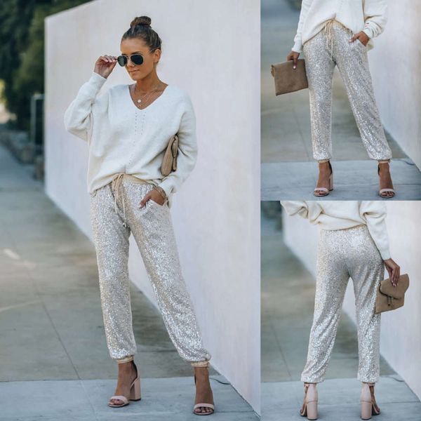 

new women's thin sequin loose spring and autumn mid waist commuting pants, Black;gray