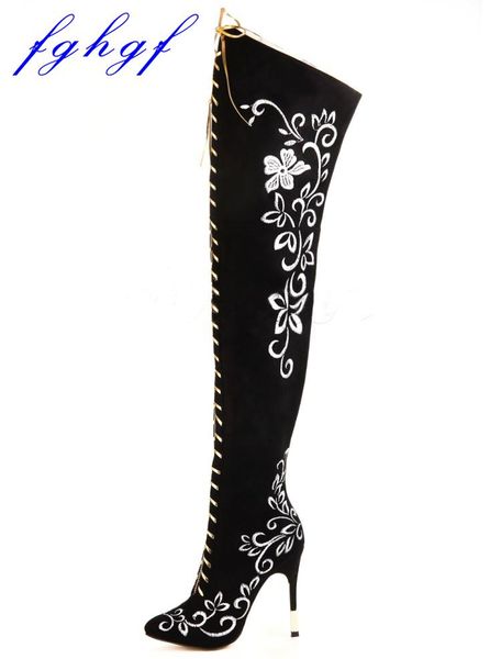 

fghgf 2020 new 11cm heel height, black, red, blue, suede embroidered knee-high bootsfashionable female boots size us 5-11.5