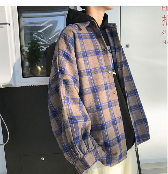 

men harajuku color block plaid shirt mens streetwear thick shirts long sleeve male vintage korean fashions clothes, White;black