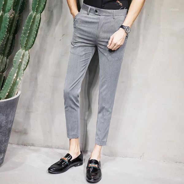 

men's suits & blazers man british style dress pants slim fit black grey trousers men 2021 formal pantalon lana stripe business elegante, White;black