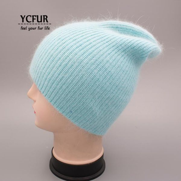 

ycfur women winter autumn hat cap female knit wool beanies caps for women angora hair casual hats skullies for girls, Blue;gray