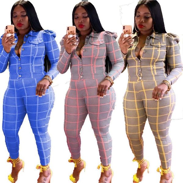 

women new fashion guff long sleeve button and pants plaid 2 piece set