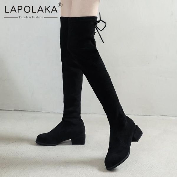

Lapolaka New Arrivals Retro Black Khaki Chunky Heels Over The Knee High Boots Comfy Black cross-tied Female Shoes Ladies