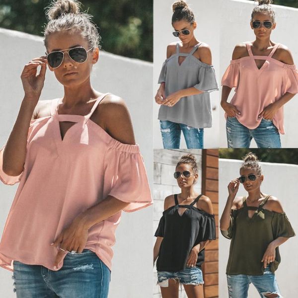 

women chiffon off shoulder v neck loose cross bandage short sleeve t-shirts kng881, White