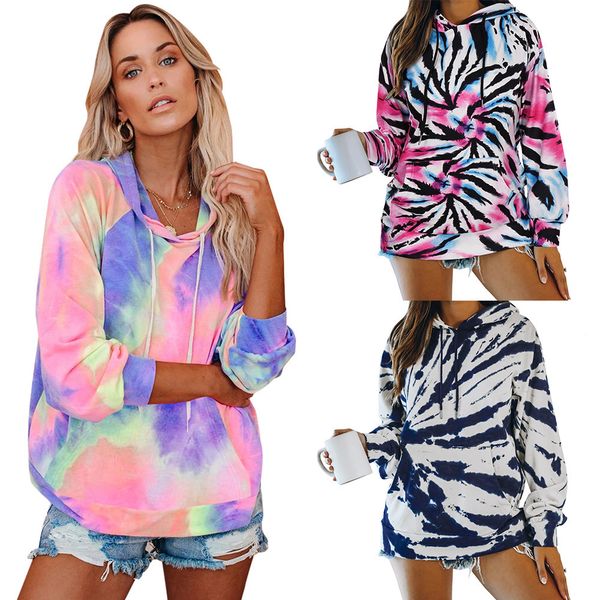 

2020wis women's casual tie dyeing loose long sleeve hooded top, Black