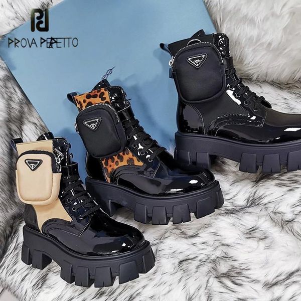 

prova perfetto pocket decor motorcycle boots women fashion thick bottom mid-calf boots round toe cross-tied wearproof shoes new, Black