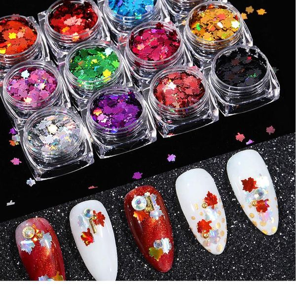 

1 box maple leaves nail art sequins holo glitter flakes paillette chameleon stickers for nails autumn desi jllidr, Silver;gold