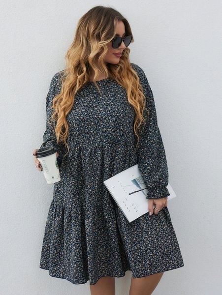 

plus ditsy floral flounce sleeve ruffle hem dress w9m2#, Black