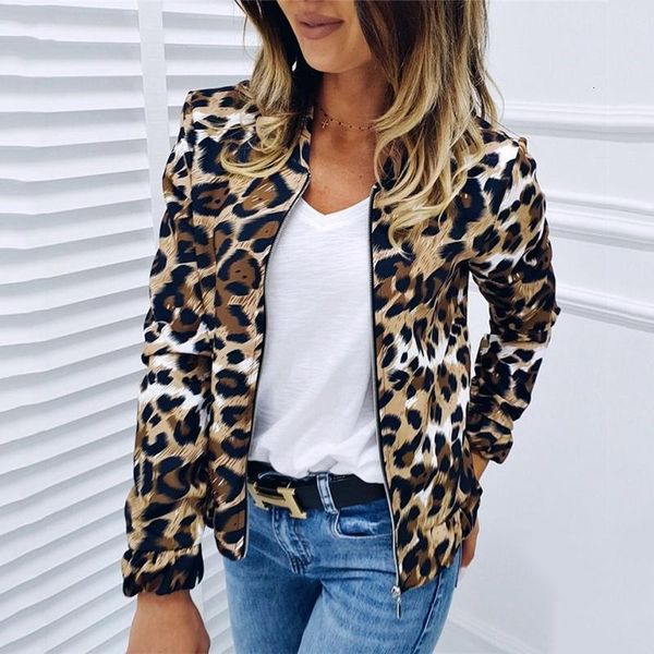 

leopard printted zipper baseball jackets women casual basic long sleeve round collar thin bomber coats 2021 women autumn jackets, Black;brown