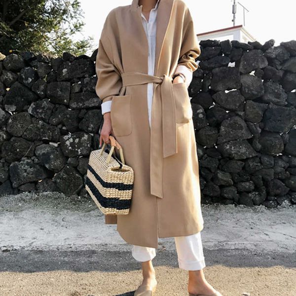 

2020 women's autumn x-long trench coat plus size solid slim cardigan turn down collar with sashes casual loouse female outwear, Tan;black
