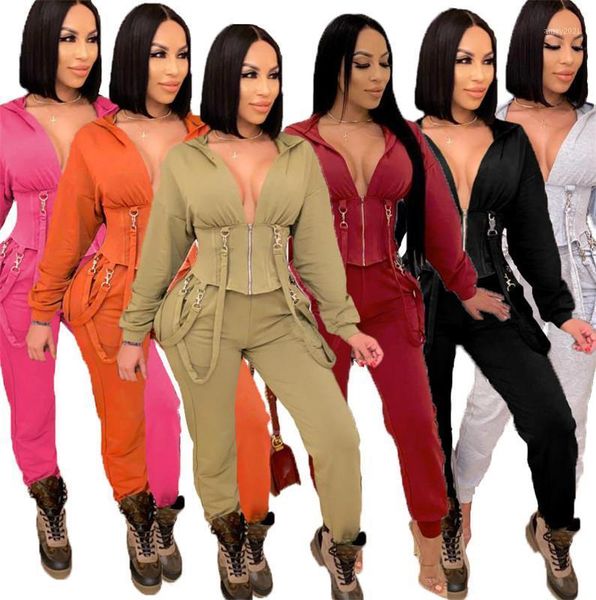 Tracksuits das mulheres Duas roupas de peças Mulheres Sweatsuit Hoodie Zip Lace Up Crop Top Sweatpants Juntos Tracksuit Conjunto de Correspondência Atacado Drop1