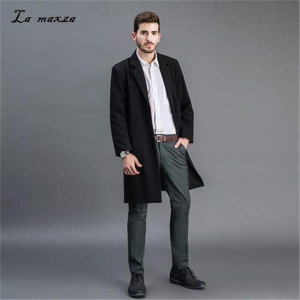 

men's wool & blends formal men woolen overcoat winter fashion 2021 double breasted cashmere long coat plus size, Black