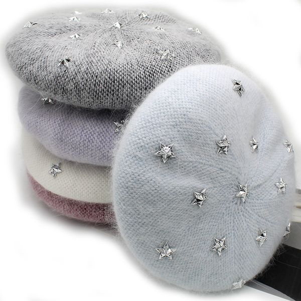

onidfurow] fashion new women angora rabbit solid color beret female bonnet caps winter all matched warm walking hat with stars 201026, Blue;gray