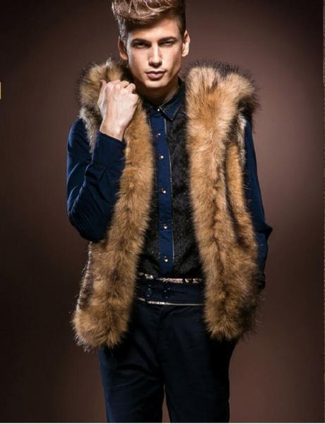 

european and american men's men's autumn and winter models of men's fur vest hooded plush fashion fur coat imitation hare fur, Black;white