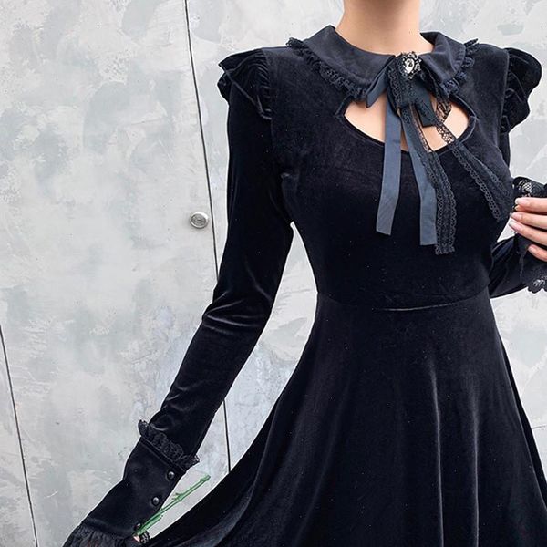 

vintage black women velet dress gothic placed elegant hollow out dress lace patchwork mini female party dress women j30, Black;gray