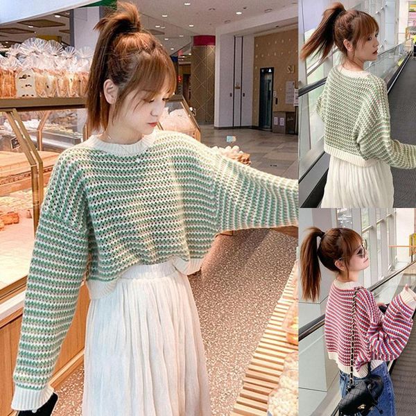 

women long sleeve o neck stripes knitted sweater autumn short knitwear pullover, White;black